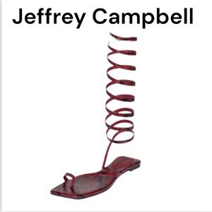 NWOT Jeffrey Campbell Slinky Red Black Snake Print Square Toe Flat Sandals Sz 8